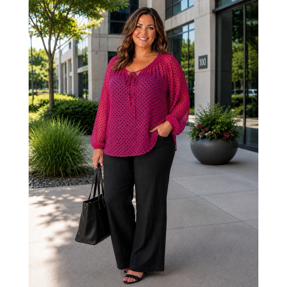 LYS Pink Black Polka Dot Sheer Blouse Tie Neck 1X Long Sleeve Career GG13